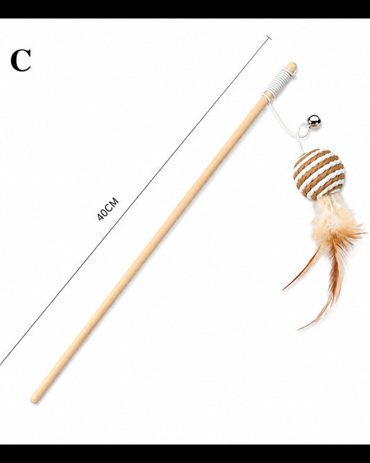 Patomia natural wood cat wand toy with a woven ball, feathers, and a bell for interactive play