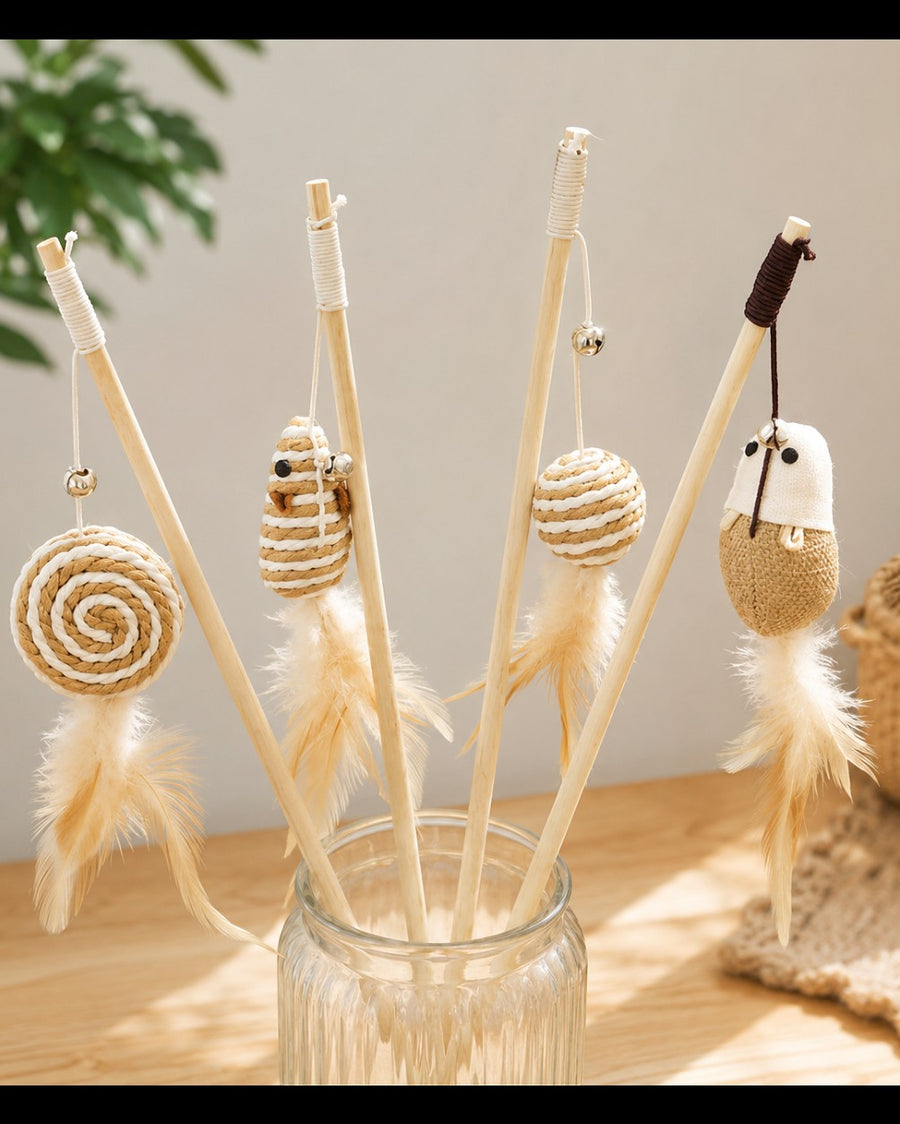 Patomia natural wood cat wand toys with woven balls, mice, feathers, and bells for interactive play