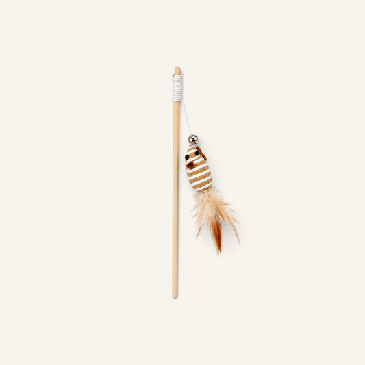 Patomia natural wood cat wand toy featuring a woven striped mouse, soft feathers, and a small jingling bell.