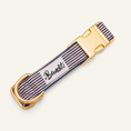 Charger l'image dans la visionneuse de la galerie, Patomia nautical striped dog collar in blue and white with gold buckle and Bandit brand label
