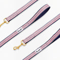 Charger l'image dans la visionneuse de la galerie, Patomia nautical striped dog leash in blue, white, and red with gold hardware on a white background
