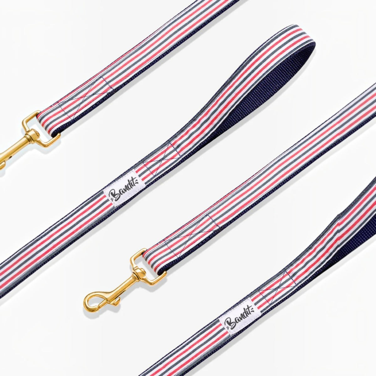 Patomia nautical striped dog leash in blue, white, and red with gold hardware on a white background