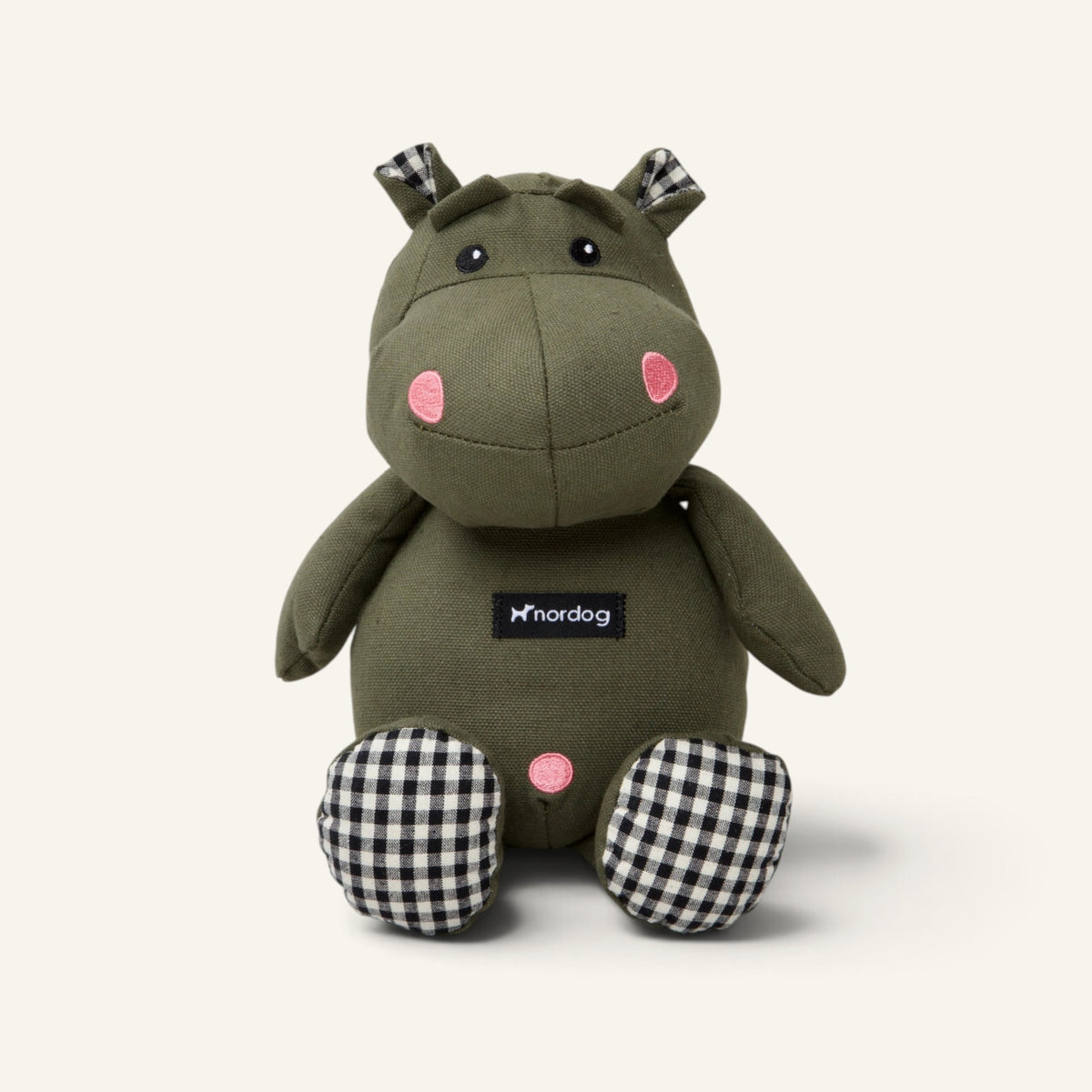 Patomia Nordog Henny olive green plush hippopotamus dog toy with black and white checkered accents