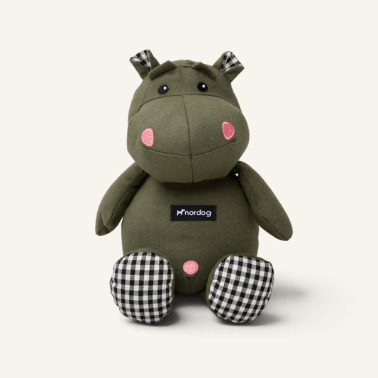 Patomia Nordog Henny olive green plush hippopotamus dog toy with black and white checkered accents