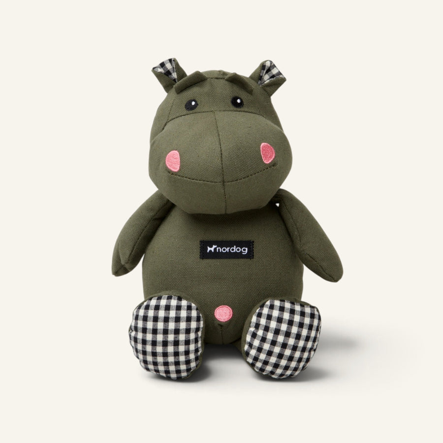 Patomia Nordog Henny olive green plush hippopotamus dog toy with black and white checkered accents