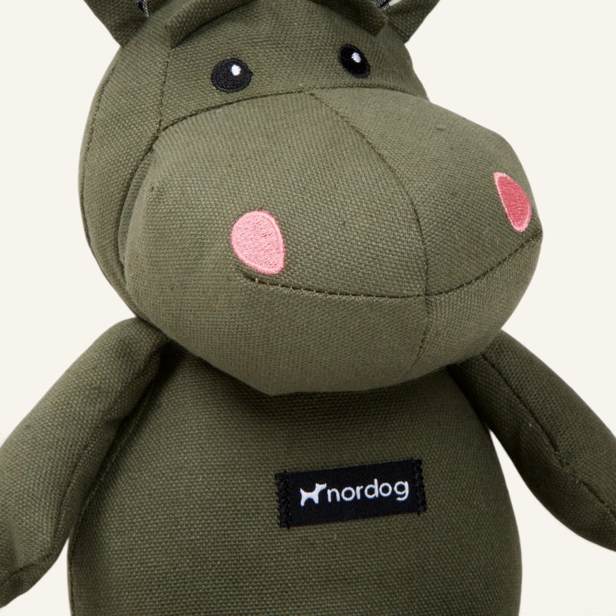 Patomia Nordog Henny olive green plush hippopotamus dog toy with soft fabric and embroidered pink cheeks