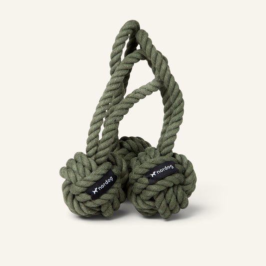 Patomia Nordog olive green organic cotton rope dog toy with two knotted balls for durable play and training