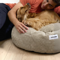 Charger l'image dans la visionneuse de la galerie, Patomia Nuba beige corduroy dog bed with a golden dog resting comfortably next to its owner on a wooden floor
