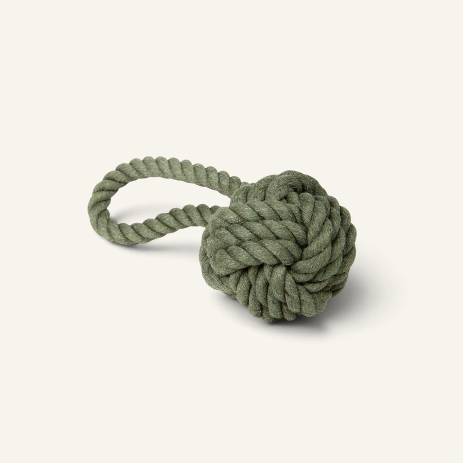 Patomia olive green organic cotton rope ball toy for dogs with a durable knotted design