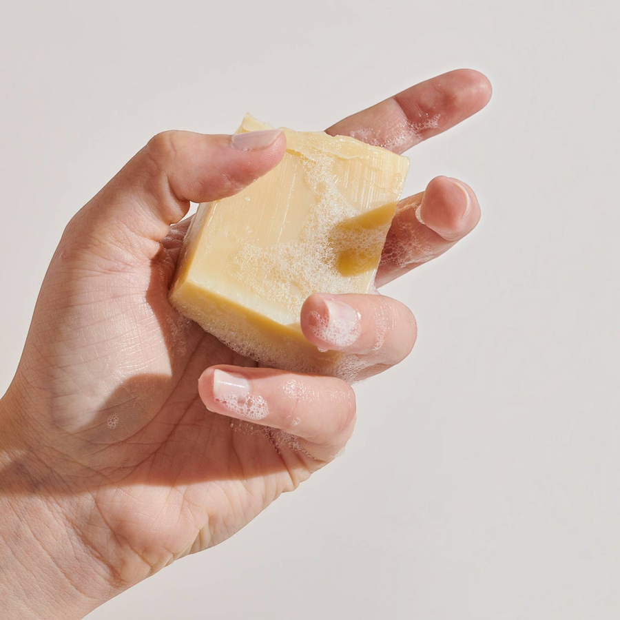 Patomia handmade organic dog shampoo bar with lather in a hand, featuring cocoa butter and essential oils.