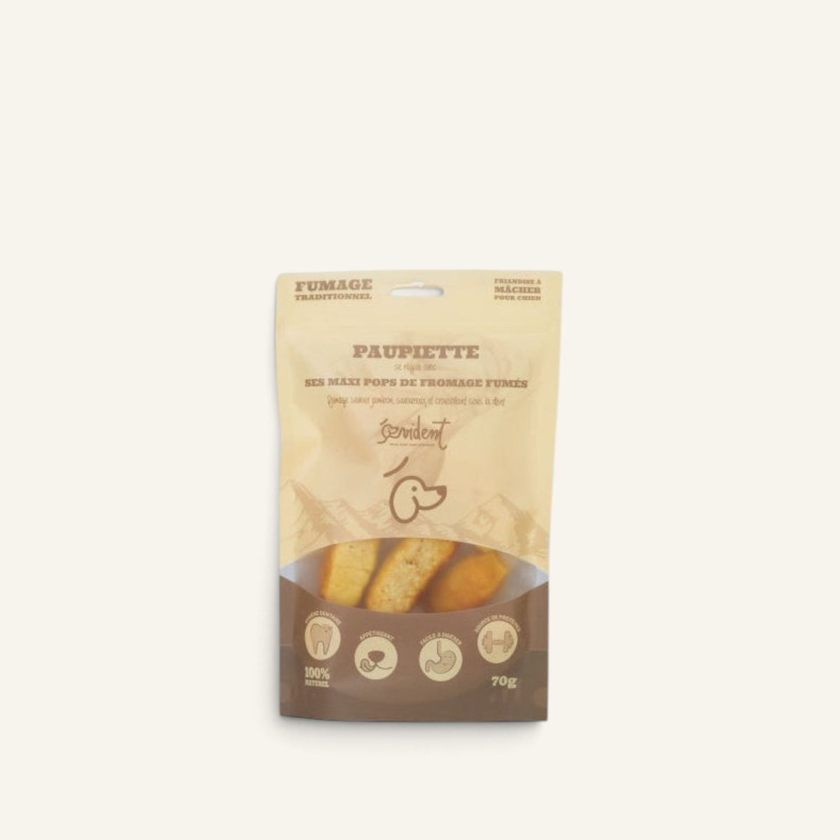 Patomia Paupiette smoked cheese pops for dogs in a 70g bag, a 100% natural and gluten-free crunchy treat.