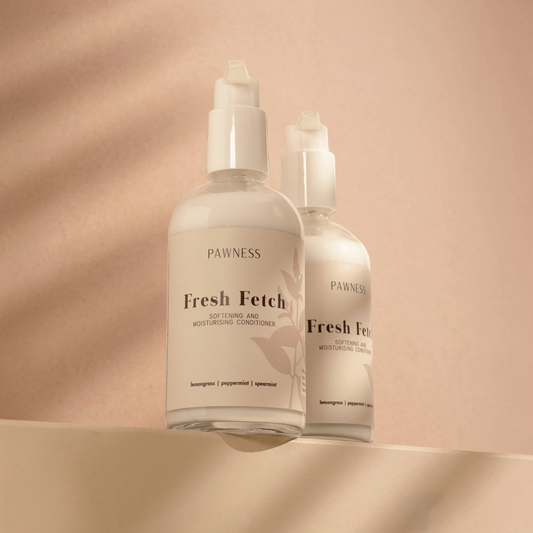 Patomia Pawness Fresh Fetch dog conditioner in a clear pump bottle with a minimalist label on a beige surface.