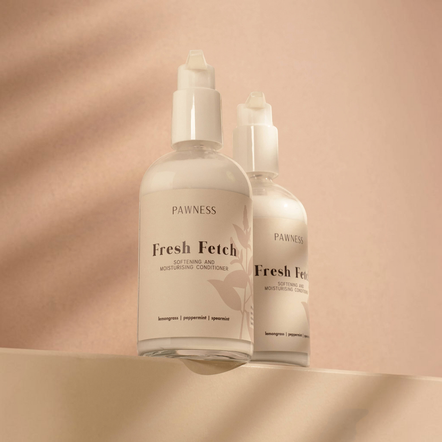 Patomia Pawness Fresh Fetch dog conditioner in a clear pump bottle with a minimalist label on a beige surface.