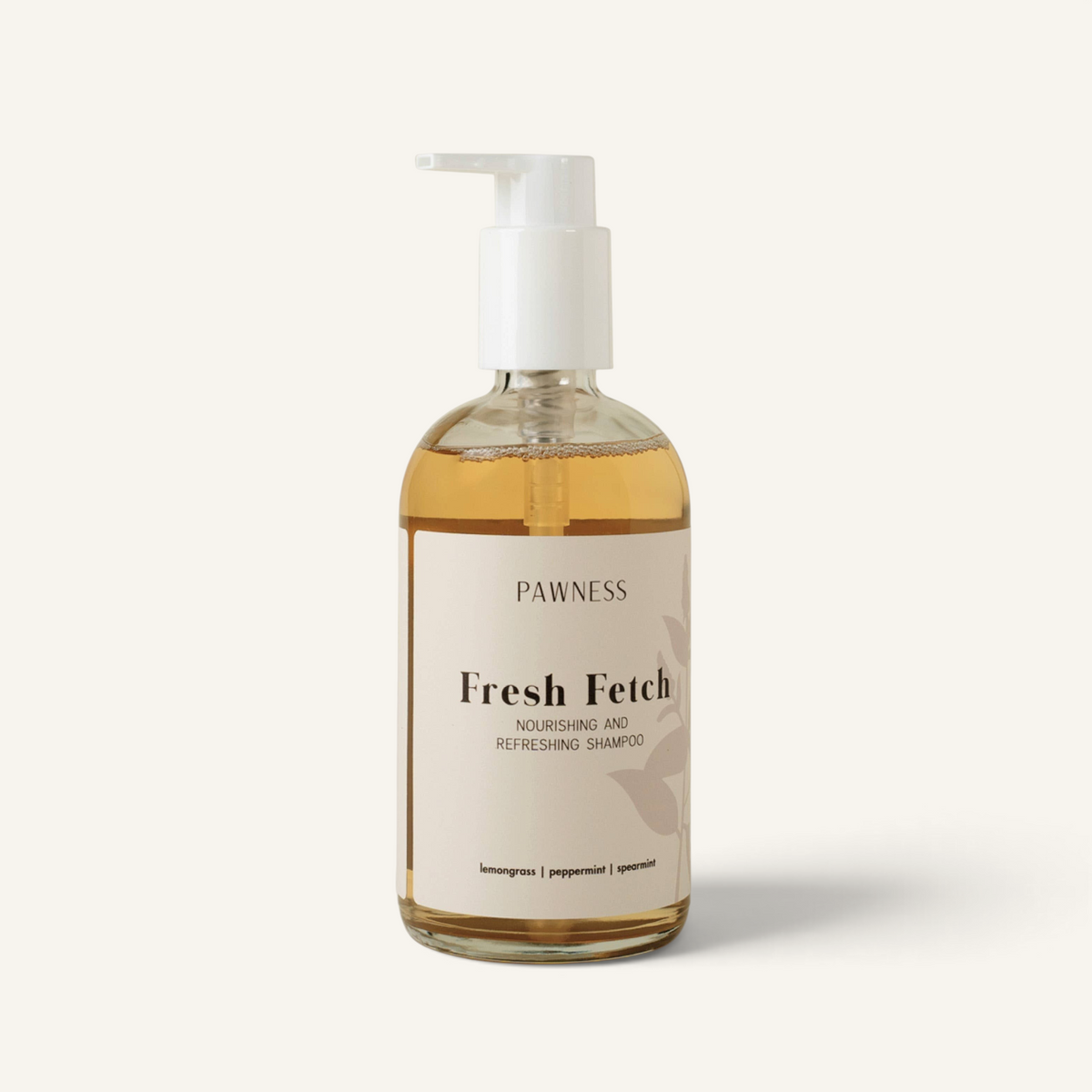 Patomia Pawness Fresh Fetch natural dog shampoo in a 250ml clear pump bottle with lemongrass, peppermint, and spearmint.