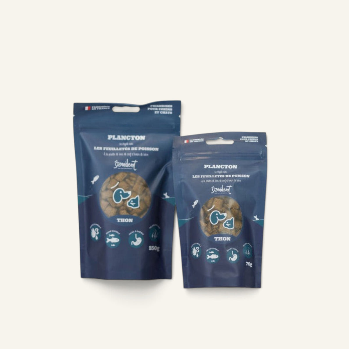 Patomia Plancton tuna fish treats for dogs and cats in two different sized blue resealable pouches