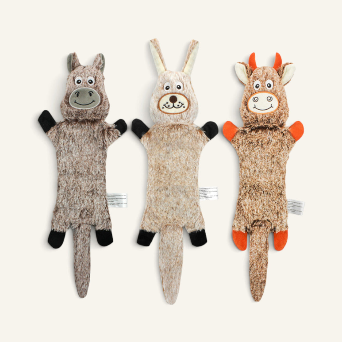 Patomia plush animal dog toys including a donkey, rabbit, and cow with squeakers and crinkle paper for interactive play