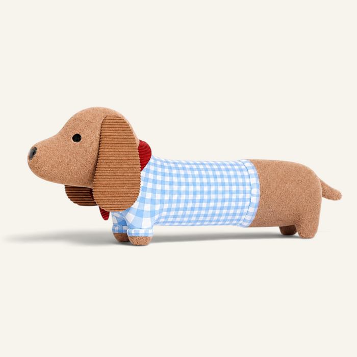 Patomia plush dachshund dog toy wearing a blue and white gingham shirt with a red collar, soft and squeaky.