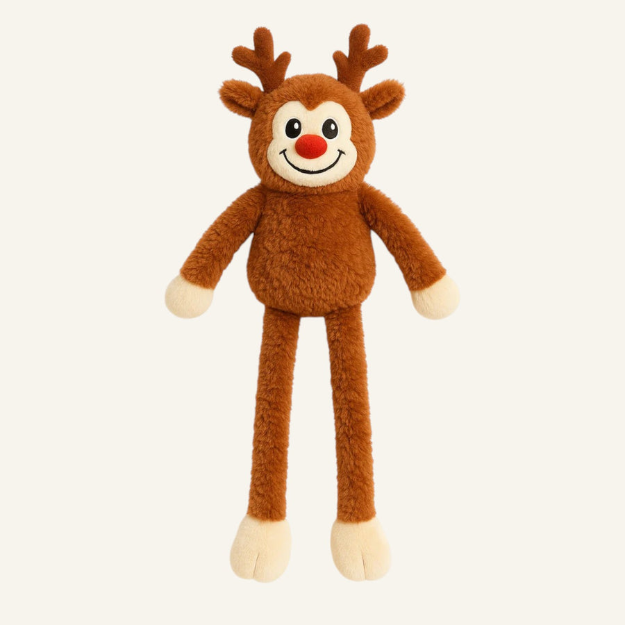 Patomia plush reindeer dog toy with soft brown fur, cream accents, and a hidden bouncy ball inside.