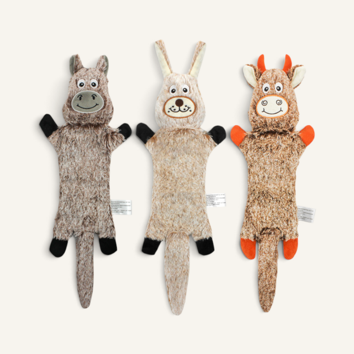 Patomia plush squeaky animal toys for dogs including a donkey, rabbit, and cow with crinkle paper and soft texture.