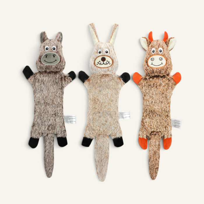 Patomia plush squeaky animal toys for dogs including a donkey, rabbit, and cow with crinkle paper and soft texture.