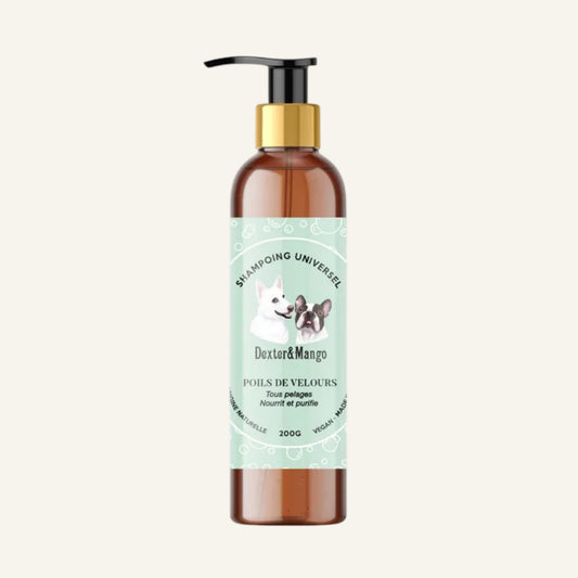 Patomia Poils de velours natural liquid dog shampoo in a 200g amber pump bottle with a light green label.
