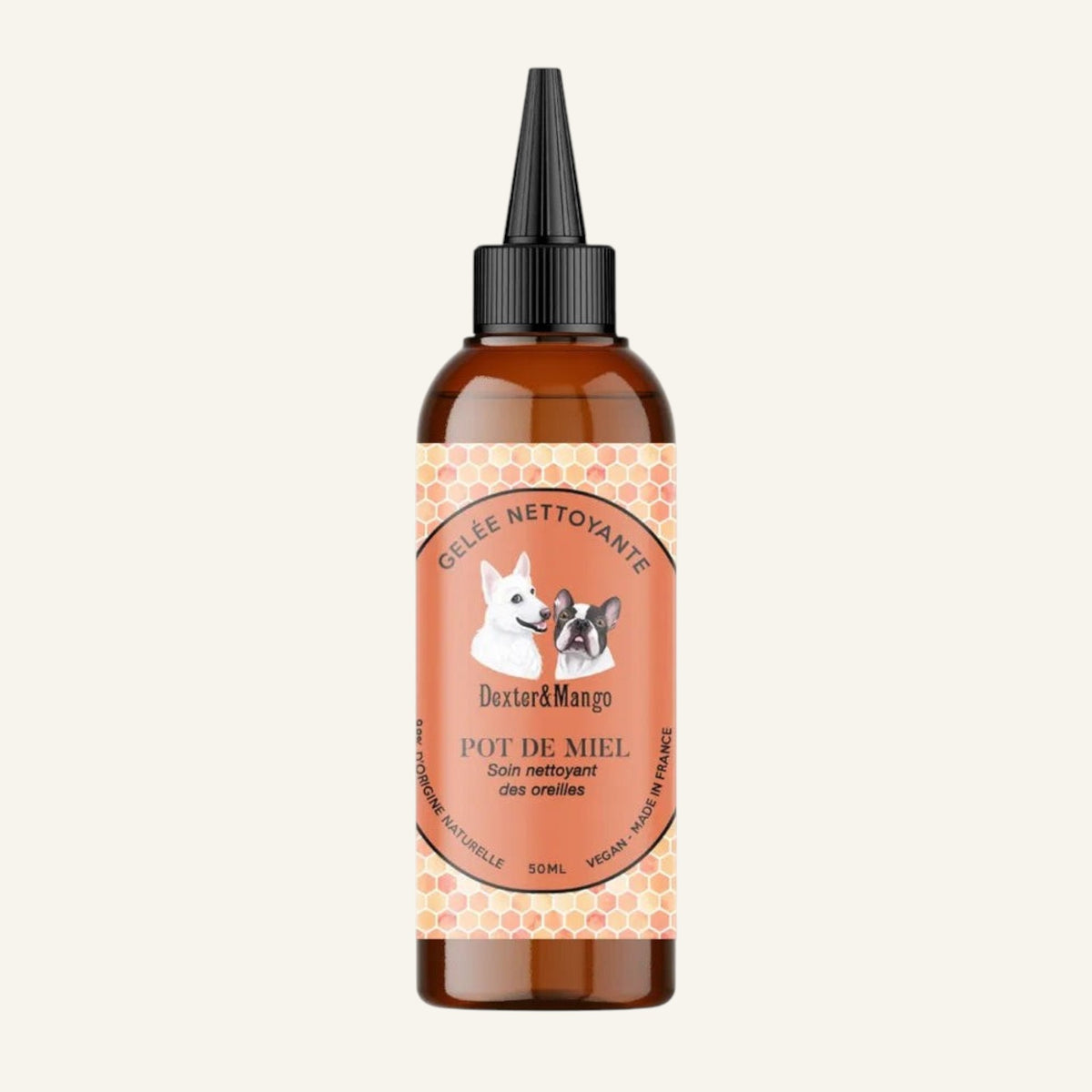 Patomia Pot de miel natural dog ear cleaning gel in a 50ml amber bottle with a pointed applicator tip.