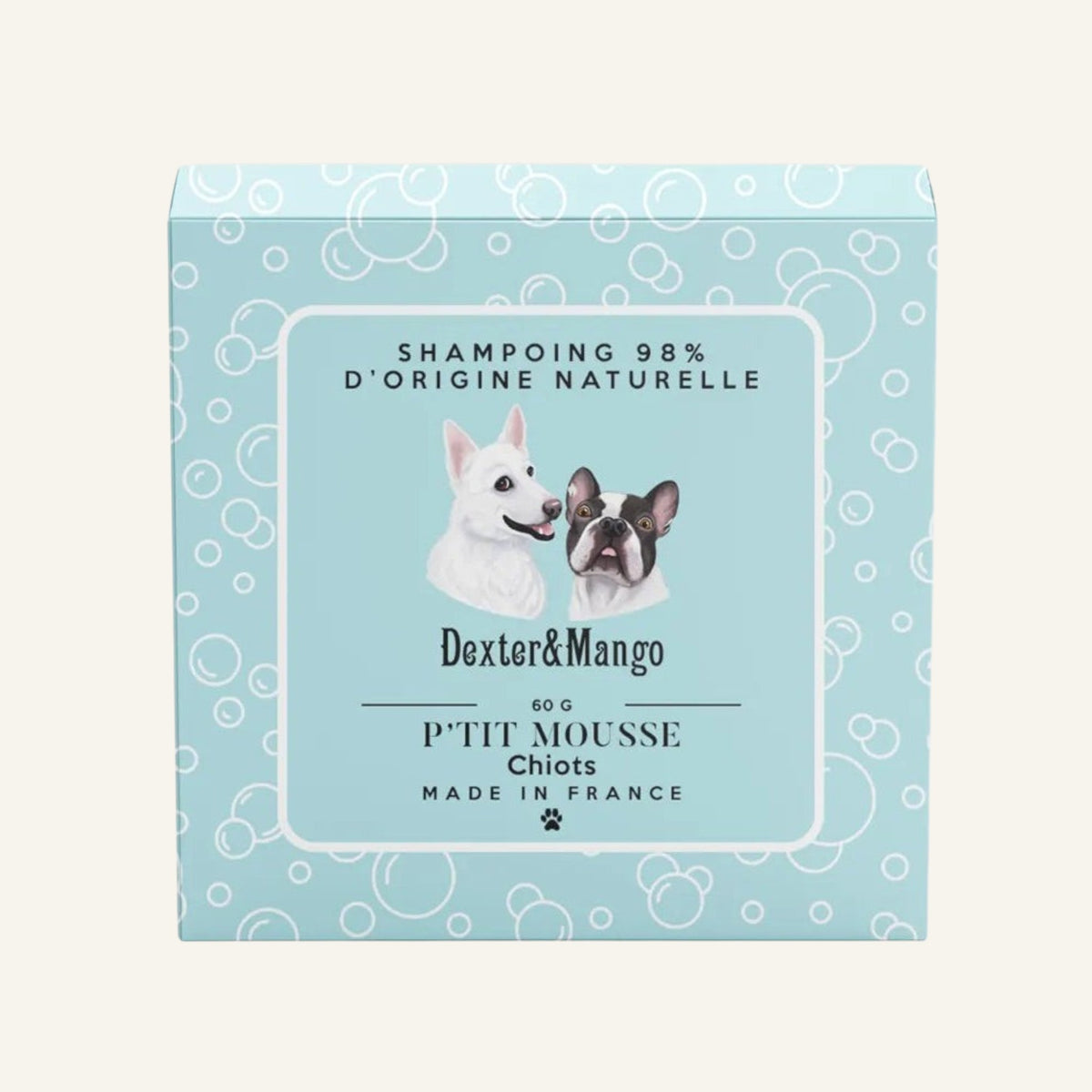 Patomia P'tit mousse solid puppy shampoo bar in light blue packaging with cute dog illustrations