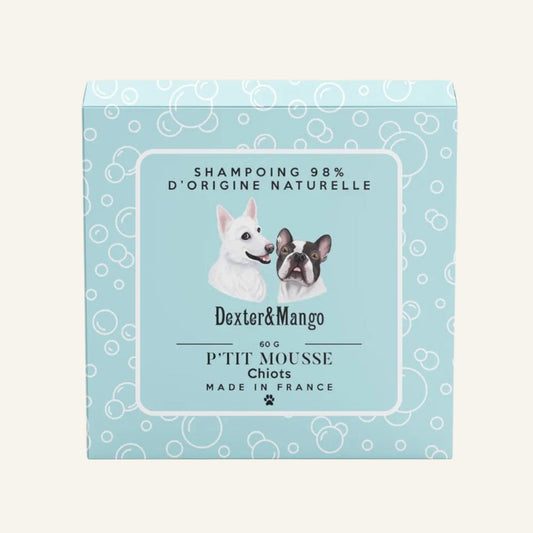 Patomia P'tit mousse solid puppy shampoo bar in light blue packaging with cute dog illustrations