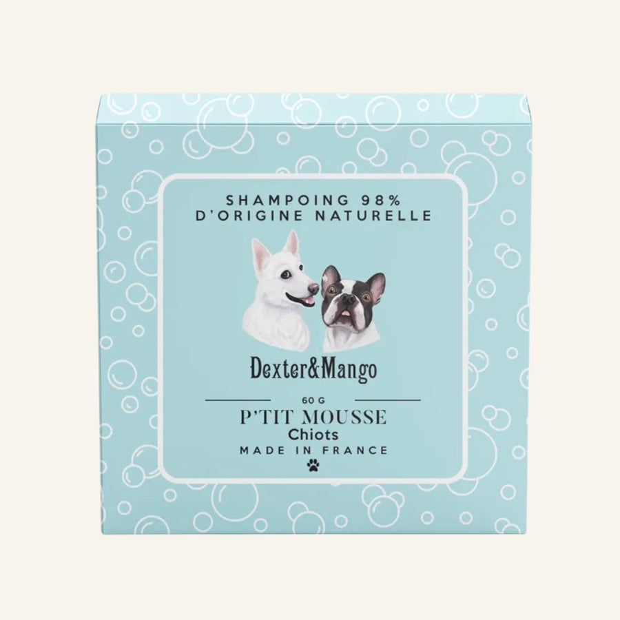 Patomia P'tit mousse solid puppy shampoo bar in light blue packaging with cute dog illustrations