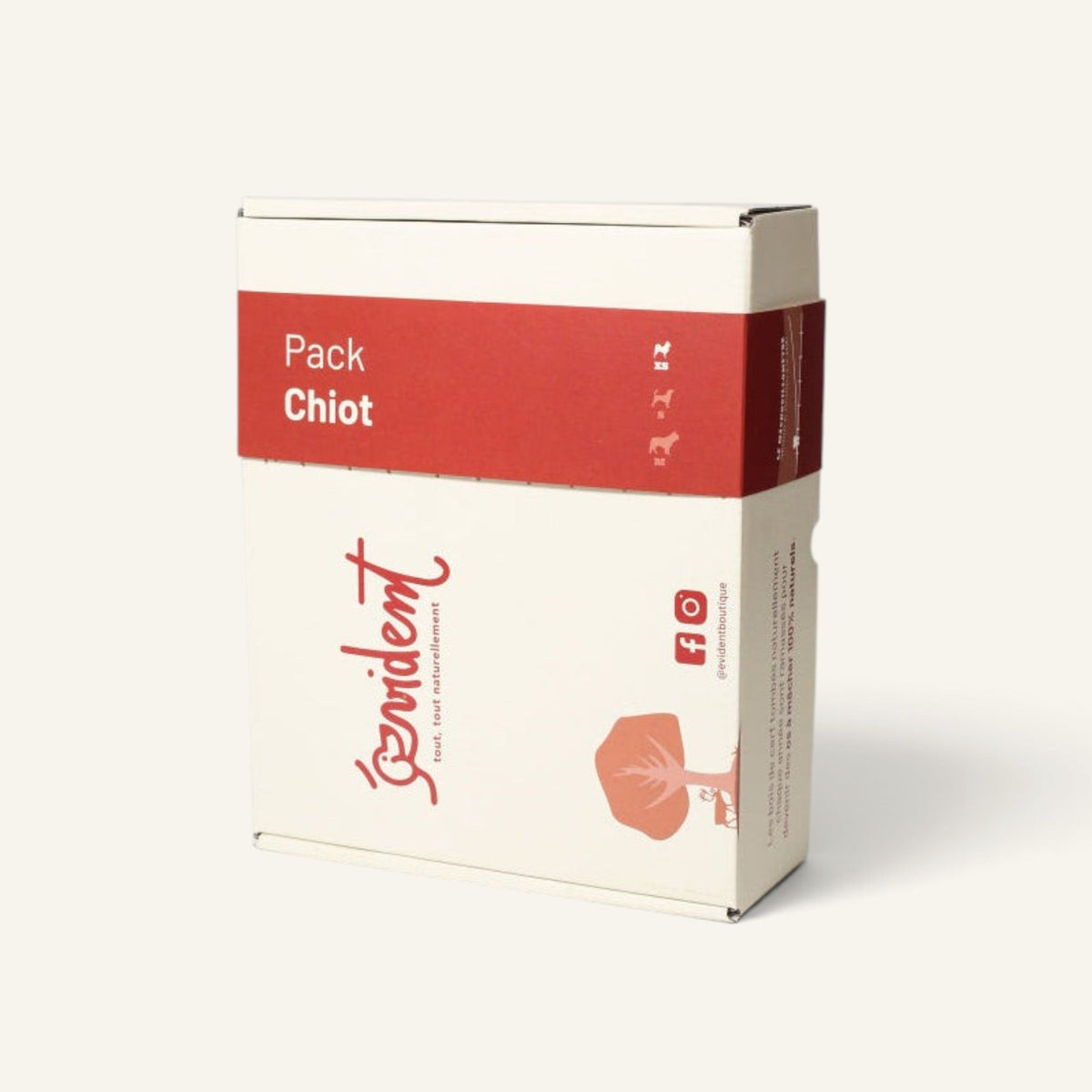Patomia puppy chew pack in a white and red branded box containing natural treats and deer antler for teething