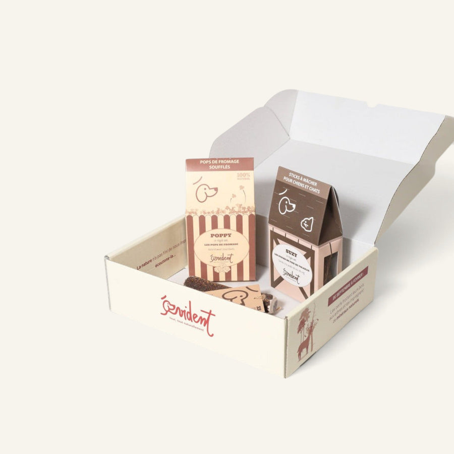 Patomia puppy treat box containing natural deer antler, poultry liver sticks, and cheese puffs for chewing.