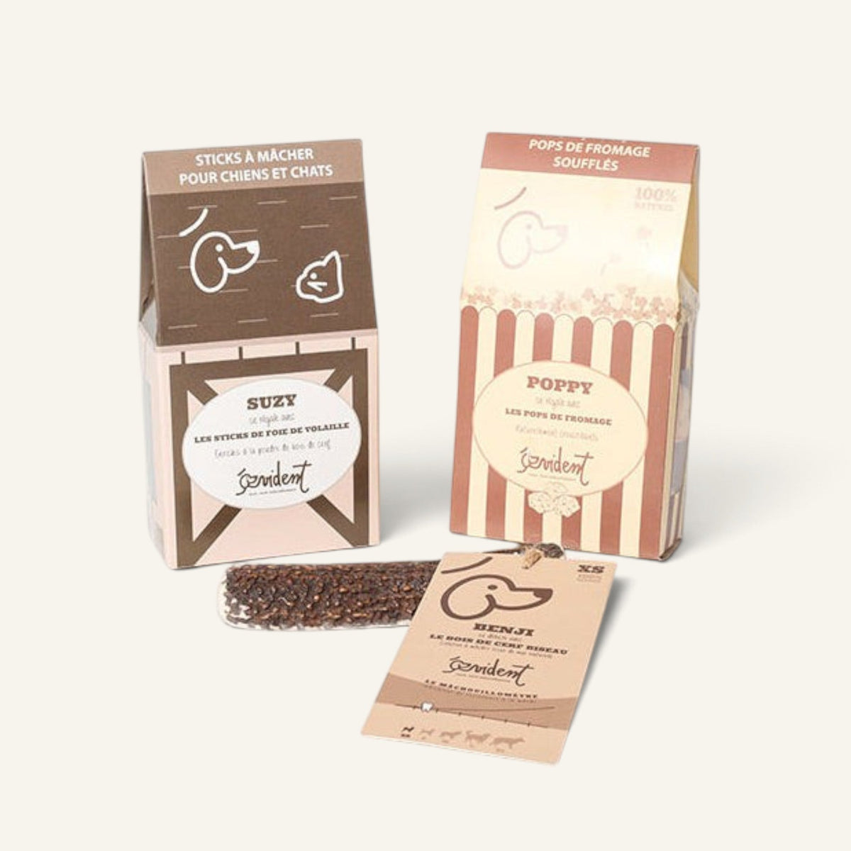 Patomia puppy treat pack featuring deer antler chew, poultry liver sticks, and cheese puffs in branded packaging.