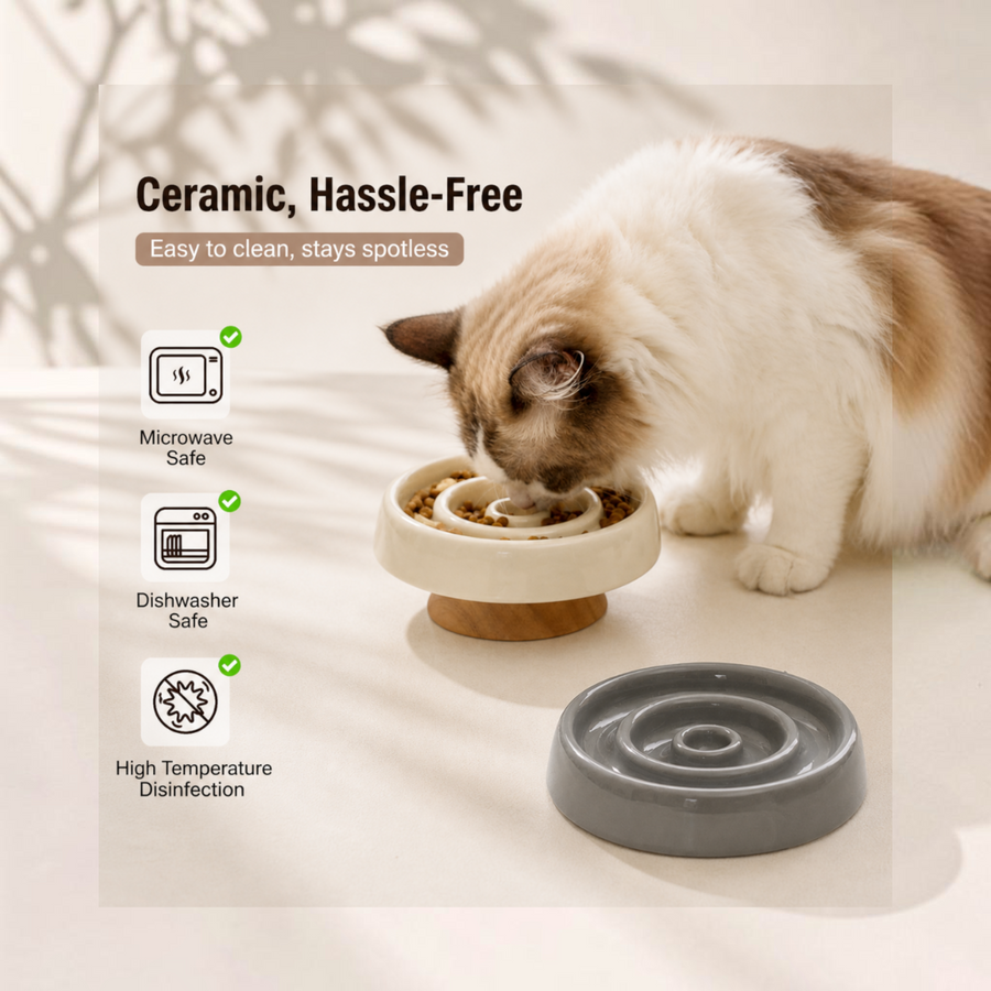 Patomia raised ceramic slow feeder cat bowl with spiral grooves on a wooden base, shown with a cat eating.
