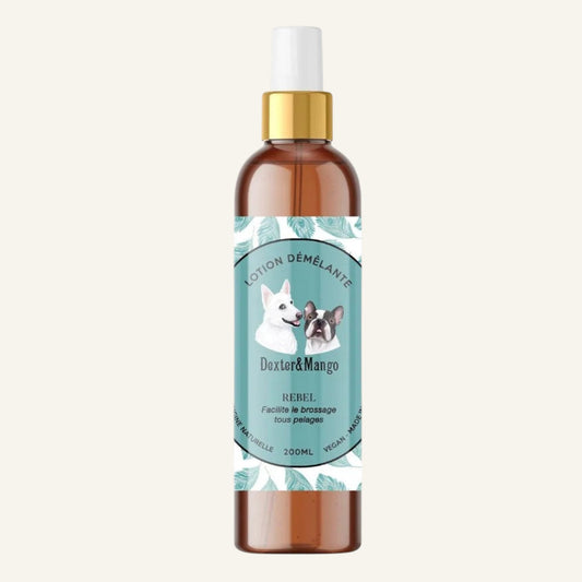 Patomia Rebel natural detangling spray for dogs and cats in a 200ml amber bottle with a gold pump dispenser