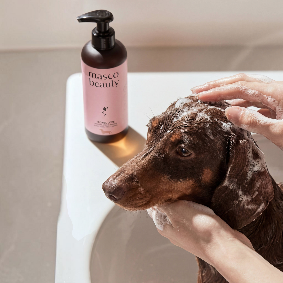Patomia natural shampoo for short-haired dogs being applied to a brown dachshund in a sink