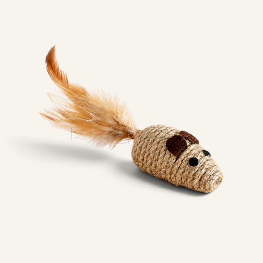 Patomia natural sisal rope mouse cat toy with brown feather tail and small bell for interactive play