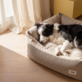 Charger l'image dans la visionneuse de la galerie, Patomia Snozy beige dog bed with soft fabric and recycled foam filling, featuring a resting border collie.
