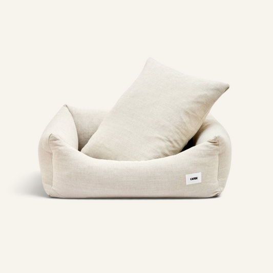 Patomia Snozy beige linen blend dog bed with removable cushion and breathable fabric for warm days