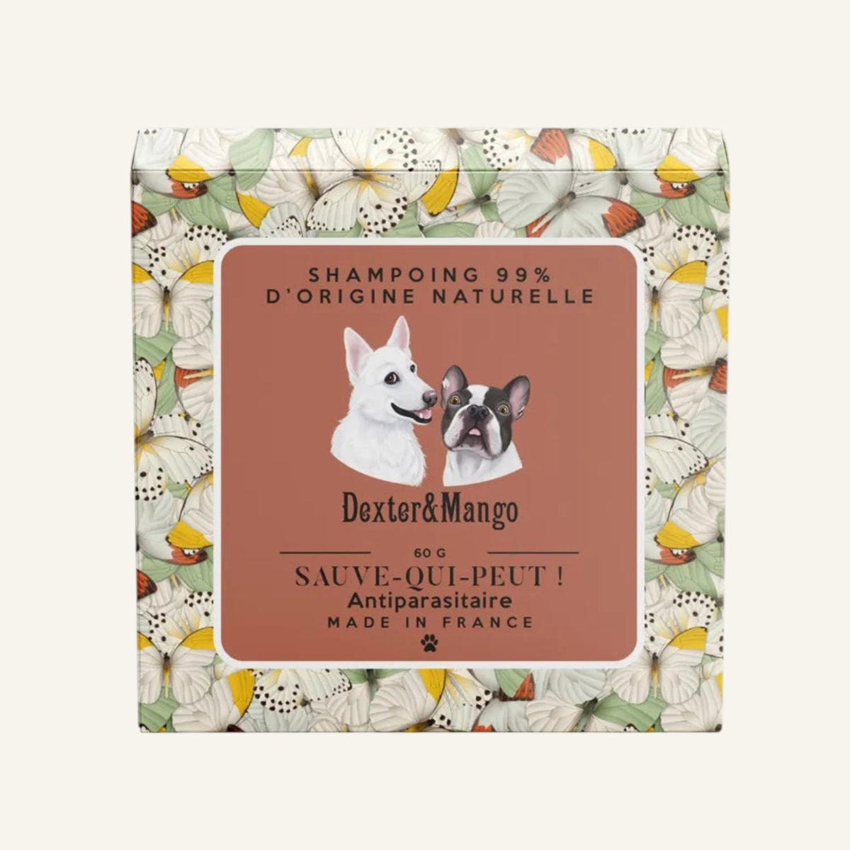 Patomia Sauve-qui-peut! natural solid anti-parasite dog shampoo bar with butterfly print packaging