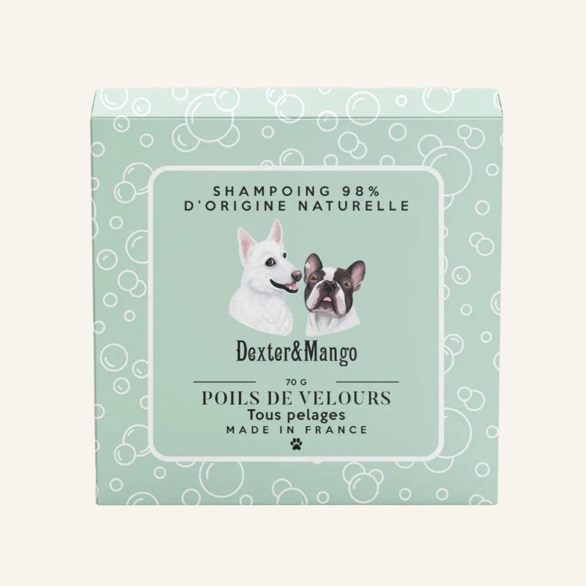 Patomia Poils de velours natural solid dog shampoo bar in light green packaging with dog illustrations