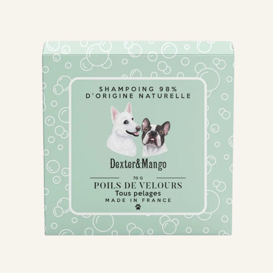 Patomia Poils de velours natural solid dog shampoo bar in light green packaging with dog illustrations