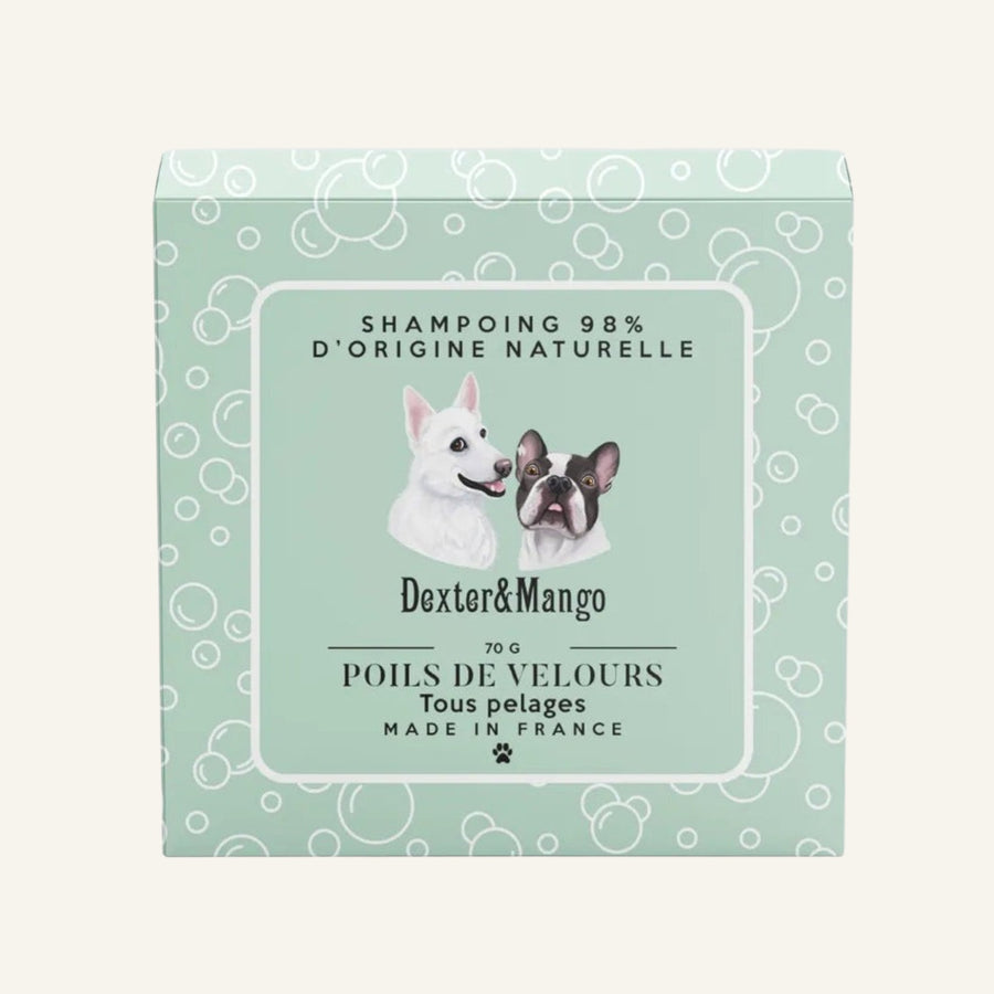 Patomia Poils de velours natural solid dog shampoo bar in light green packaging with dog illustrations