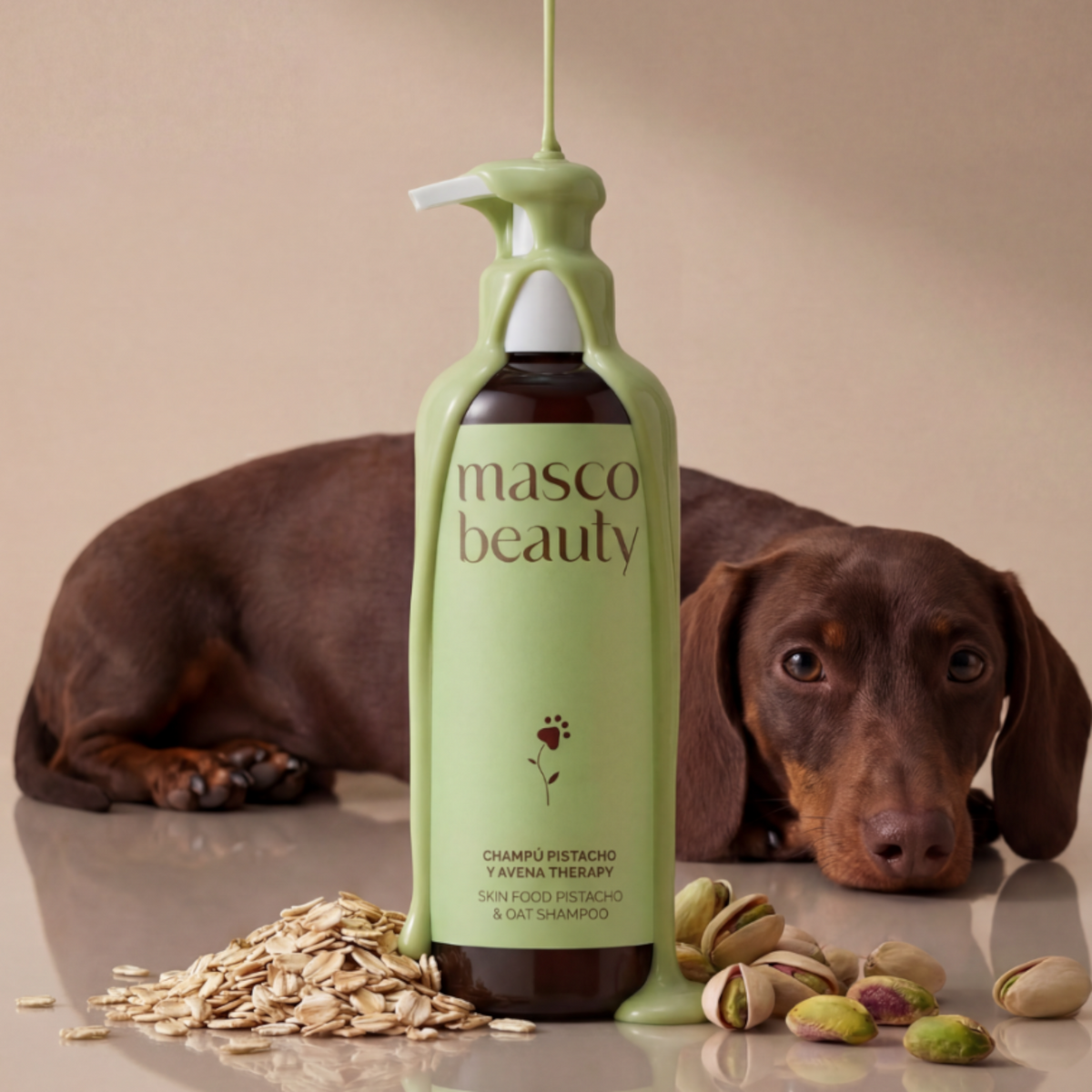 Patomia soothing dog shampoo with pistachio and oat, shown with a brown dachshund and natural ingredients