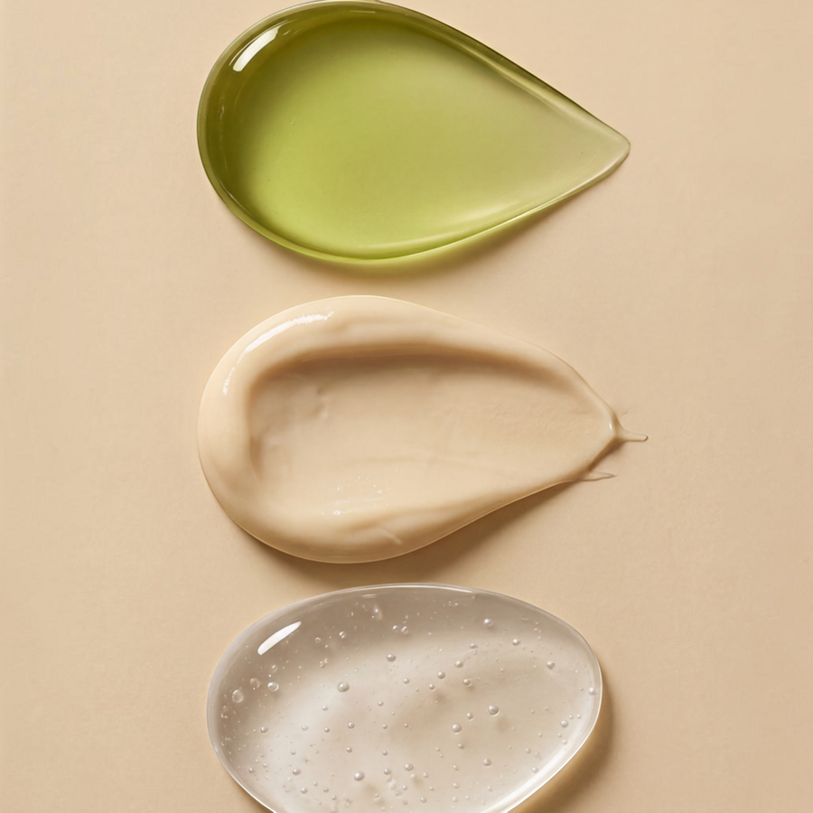 Patomia soothing dog shampoo textures showing clear green, creamy beige, and transparent gel drops on beige background