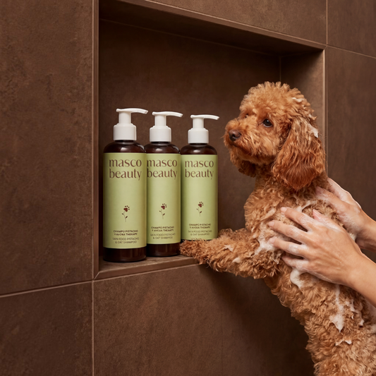 Patomia soothing dermatological dog shampoo with pistachio and oat, shown with a brown poodle being washed