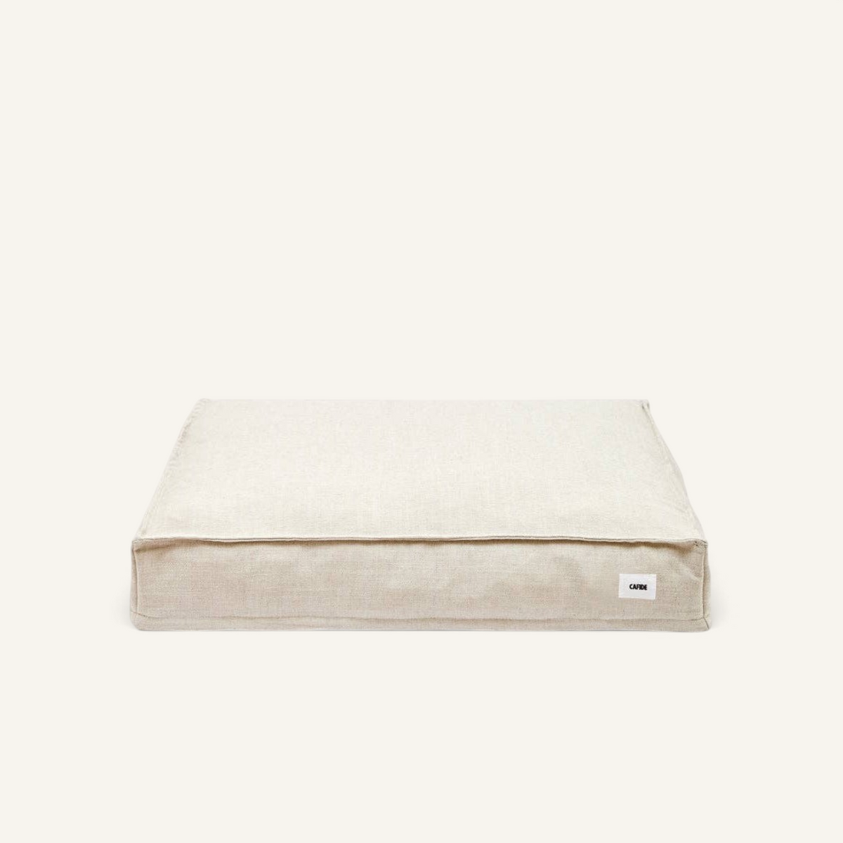 Patomia square beige dog bed made from breathable linen and viscose blend fabric with recycled foam filling