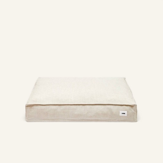 Patomia square beige dog bed made from breathable linen and viscose blend fabric with recycled foam filling