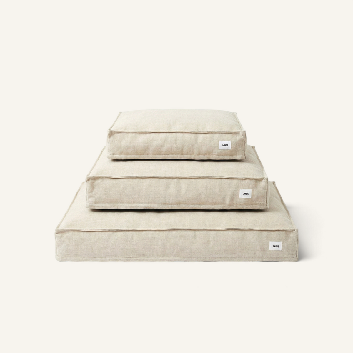 Patomia square dog bed made of breathable beige linen and viscose blend fabric with recycled foam filling
