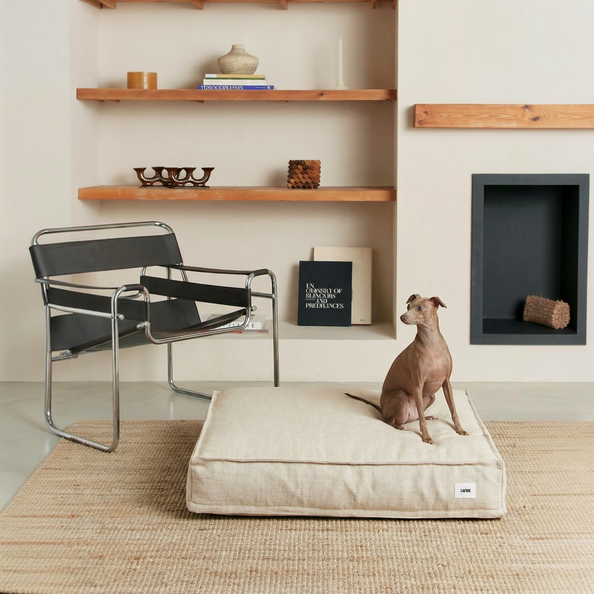Patomia square beige linen dog bed with recycled foam filling, placed on a rug in a modern living room with a dog.