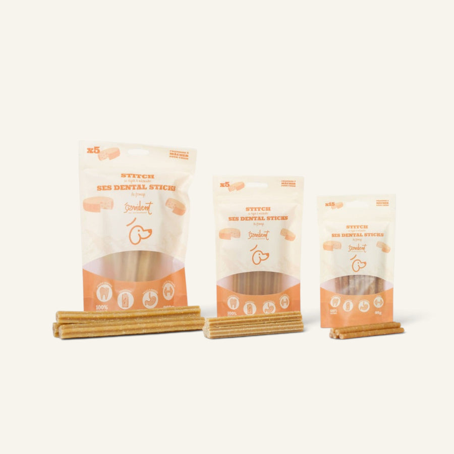 Patomia Stitch dental sticks for dogs in three sizes, made with natural cheese and rice for dental health.